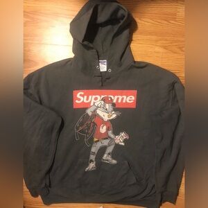 Retro Y2K Supreme Graphic Hoodie Bugs Bunny Logo Jerzeez XL Gray Pullover